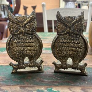 Vintage Pair Owl Brass Bookends Mid Century Modern
